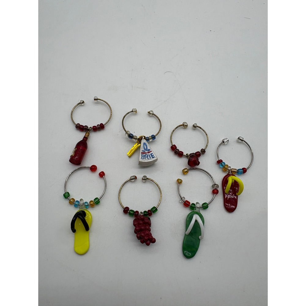 Mixed Wine Glass Charms 7pc Wine Bottle Brie Grapes‎ Flip Flops Beaded Novelty
